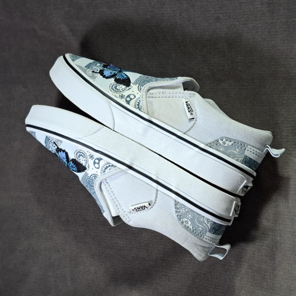 Vans Asher Blue Paisley Embroidered Butterfly Slip Sneakers G US J3.5 W5 - Picture 13 of 16